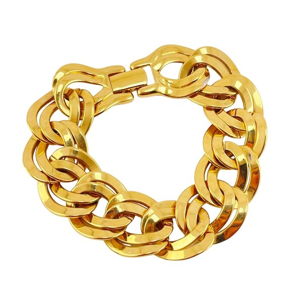 Monet Gold Plated Heavy Link Chain Bracelet 1980s Double Link - Picture 3 of 11